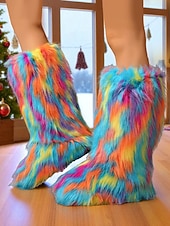 cheap Snow &amp; Winter Boots-Women&#039;s Multicolor Faux Fur Festival Boots, Fluffy Rainbow Knee-High Snow Boots for Rave, Party &amp; Winter Music Festivals