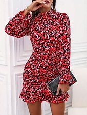 tanie Sukienki kwiatowe-Damskie Sukienka mini Sukienka ołówkowa Codzienny Codzienny Regularny Kwiaty Długi rękaw Wysoki Czerwony Wiosna Jesień