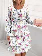 preiswerte Blumenkleid-Damen Knielanges Kleid Freizeitkleid Chiffonkleid Shiftkleid Kleid mit vielen Schichten Elegant Urlaub Party Normale Passform Blumen Langarm Rundhalsausschnitt Schwarz Weiß Blau Grün Sommer Frühling