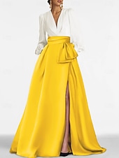 cheap A-Line Evening Dresses-A-Line Sweep Brush Train Evening Gown Ball Gown Formal Dress Elegant High Split Long Sleeve V Neck Formal Wedding Guest Satin with Pleats Slit