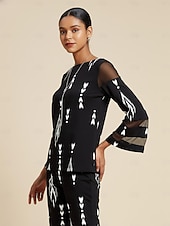 Naisten pusero Musta Geometrinen kuvio Pyöreä kaula-aukko 3/4 hihat Tyylikäs Vapaa-aika Kevät Syksy Loma Perus halpa paitoja, toppeja ja puseroja-Naisten pusero Musta Geometrinen kuvio Pyöreä kaula-aukko 3/4 hihat Tyylikäs Vapaa-aika Kevät Syksy Loma Perus