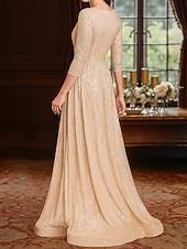 お買い得  床の長さ-Ａライン フロア丈 ウェディングゲストドレス フォーマルドレス イブニングガウン マダムドS 七分袖 Ｖネック エレガント パーティー 豪華 祝日 カクテルパーティー フォーマルイブニング チュール 〜と プリーツ スパンコール