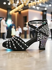 abordables Zapatos de baile latino-Zapatos de tacón con tiras de satén color champán y diamantes de imitación para mujer, estilo Gatsby vintage para baile de salón y fiestas. &amp;eventos formales