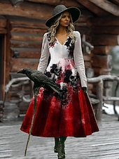 baratos Vestido de Caveira e Osso-Vestido Maxi Feminino Vestido em A Férias Casual Boho Praia Ajuste Regular Floral Gráfico Manga Longa Decote em V Preto Vermelho Escuro Vinho Vermelho Primavera Outono