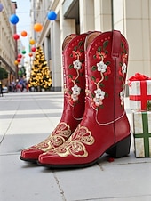 abordables Botas de moda-Botas vaqueras bordadas de piel sintética roja para mujer con diseño floral, tacón de bloque, estilo retro western, perfectas para festivales, salidas informales y Navidad.