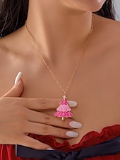 お買い得  レディースネックレス-女性用ピンクのクリスマスツリージュエリーセット、ゴールドトーンのエナメルネックレスとイヤリング、冬のパーティーやギフトに最適なホリデーアクセサリー &amp;衣装