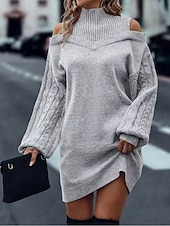 ieftine Rochii pulover-Pentru femei Pulover Rochie pulover Casual Moale Culoare pură Striat Guler Pe Gât Tricotat Manșon Lung Topuri lungi Tricotat În aer liber Zilnic Sfârșit de săptămână Negru Trifoi Toamnă Iarnă