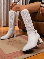  naisten valkoiset pitsipaneelilla varustetut polvipituiset saappaat solkiremmillä ja lohkokoroilla, elegantit vintage-hääsaappaat &juhlamuotisaappaat