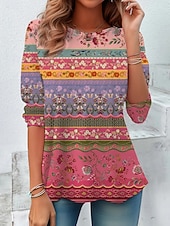 billiga Blommig t-shirt-Dam T-shirt Mönster Grafisk Växter Vintage Mode Stylish Långärmad Rund hals Vanliga toppar Dagligen Helgen Svart Gul Rodnande Rosa Sommar Vår Höst