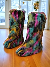 cheap Snow &amp; Winter Boots-Women&#039;s Multicolor Faux Fur Festival Boots, Fluffy Rainbow Knee-High Snow Boots for Rave, Party &amp; Winter Music Festivals
