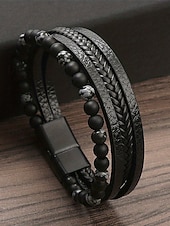 cheap Men&#039;s Jewelry-Men&#039;s Alloy Faux Leather Beaded Bracelet Set, Multi-Layer Braided Wristband with Magnetic Clasp, Fashion Punk Jewelry for Casual, Party &amp; Gift