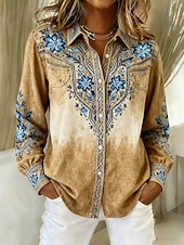 preiswerte Blumenblusen-Damen Hemd Bluse Patchwork Knöpfe Druck Grafik Geometrisch Abstrakt Vintage Stilvoll Modern Langarm Hemdkragen Normale Oberteile Täglich Blau Braun Grün Khaki Herbst Winter