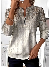  בגדי ריקוד נשים סווטשירט סוודר זיפ אפ סווטשירטים רוכסן דפוס גראפי פייסלי אופנתי יום יומי שרוול ארוך צווארון עגול קצר צווארון עגול חולצות רגילות רחוב לבוש ליום פול תלתן בז' סתיו חורף