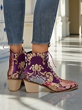  Bottines à lacets en jacquard violet pour femme, ornées de broderies florales et dotées d'un petit talon bloc – bottines de style baroque vintage, parfaites pour les festivals et les soirées Gatsby.