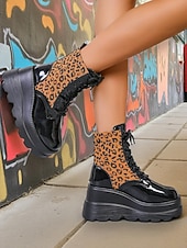 levne Platformové boty-Dámské černé lakované kotníkové boty na platformě s leopardím potiskem, robustní šněrovací boty v bojovém stylu pro streetwear &amp;večer venku