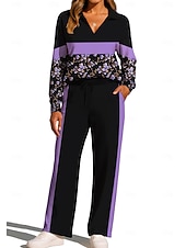 cheap Tracksuits-Women's Sweatshirt Tracksuit Sweatpants Drawstring Pocket Floral Jacket and Sweatpants Athletic Clothing Set Loungewear Summer Spring Fall Winter Blue / Black Violet Gym Workout Casual Workout