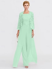 abordables Combinaisons pour maman-Pantalon de mariage de plage 3 pièces mère de la mariée invité de mariage élégant taille plus décolleté carré longueur de sol en chiffon dentelle cordée sans manches enveloppe incluse avec appliqués