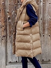 cheap Down Vests-Women&#039;s Winter Coat Down Jacket Vest Warm Comfortable Pocket Buttons Casual Plain Vacation Daily Wear Going out Weekend Long Hooded Regular Fit Sleeveless Outerwear Black Wine Khaki Fall Winter