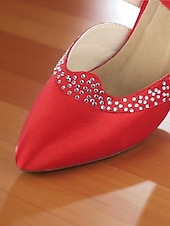 cheap Latin Shoes-Women's Red Satin Ballroom Dance Shoes - Closed Toe Cross Strap High Heel Pumps with Rhinestone Detail for Gatsby Party &amp; Professional Dance Party