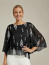 baratos camisas, tops e blusas-Blusa feminina preta floral manga 3/4 solta gola redonda casual elegante férias primavera verão outono