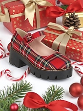 preiswerte Damen Weihnachtschuhe-Rote Mary Jane Plateauschuhe mit Schnalle im Karomuster für Damen – festlicher Weihnachtsstil, perfekt für Urlaubsoutfits und Weihnachtsfeiern