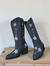 お買い得  足首ブーツ-女性用刺繍入り花柄ウエスタンブーツ、秋やカジュアルな外出に最適な快適なブロックヒールのアンクルブーツ