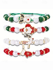 Недорогие Рождественские аксессуары-Женский рождественский браслет из бисера с подвесками в виде Санты, оленей и снеговика, красно-зеленые эластичные браслеты с жемчугом, праздничный подарок на праздник для нее