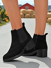 baratos Botas de tornozelo-Botas femininas vermelhas com zíper no tornozelo - botas estilosas de salto grosso em camurça sintética para o Natal, escritório e passeios casuais
