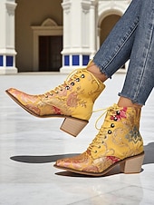  Bottines à lacets en jacquard violet pour femme, ornées de broderies florales et dotées d'un petit talon bloc – bottines de style baroque vintage, parfaites pour les festivals et les soirées Gatsby.