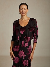  Mulheres encolhe os ombros Floral Elegante Vintage Manga 3/4 Decote V Festa de Noite Convidado do casamento Traje de festa para noite Vinho Outono Inverno