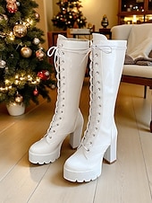 baratos Botas da moda-Botas femininas de couro envernizado com cadarço, salto grosso e sola plataforma, ousadas e modernas, perfeitas para festas de Natal, saídas à noite e estilo de rua