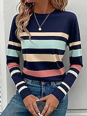 abordables Camiseta a rayas y geométrica-Mujer Camiseta Estampado Graphic A Rayas Vintage Moda Elegante Manga Larga Cuello Barco Tops regulares Diario Fin de semana Azul Piscina Blanco Caqui Otoño Invierno