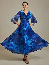 damska długa sukienka z abstrakcyjnym kwiatowym wzorem, dekoltem w serek, węzłem z przodu i rozkloszowanymi rękawami tanie Designerskie sukienki i kombinezony-damska długa sukienka z abstrakcyjnym kwiatowym wzorem, dekoltem w serek, węzłem z przodu i rozkloszowanymi rękawami