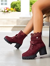 preiswerte Stiefeletten-Braune Damenstiefeletten zum Schnüren mit dickem Absatz und Häkelbesatz, modische Stiefeletten aus Wildlederimitat im Vintage-Stil für lässige Outfits und Outdoor-Events