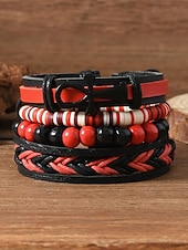 levne Pánské šperky-Pánská sada náramků z umělé kůže, červeno-černé tkané náramky s detaily zlého oka a korálků, stylové na Vánoce, různé vzory
