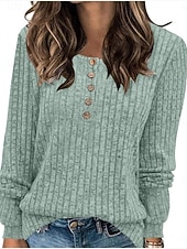 billiga Kvinnors Enfärgade Toppar-Dam Blus Ensfärgat Stylish Ledigt Långärmad Rund hals Vanliga toppar Dagligen Knappar Svart Gul Ljusgrön Rubinrött Blå Vår Höst Vinter