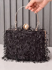 tanie Torby i torebki-Damska torebka na imprezę świąteczną – elegancka wieczorowa torebka z piórami w kolorze czerwonym i zielonym, ze złotym uchwytem i perłowym zapięciem – świąteczny prezent dla kobiety – szykowny, świąteczny styl na uroczystości bożonarodzeniowe