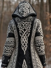 billiga Viking-toppar-Dam Kofta Dagligen Ledigt Grafisk Geometrisk Ribbad Huva Lappverk Ficka Knappar Långärmad Långa toppar Sticka Utomhus Helgen Svart Höst Vinter