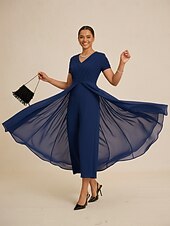 preiswerte Designer-Kleider &amp; Jumpsuits-Damen-Jumpsuit, blau, V-Ausschnitt, getäfeltes Design, zweiteilig, fließend, transparenter Look, Stretchstoff, lässig, Frühling, Sommer, Herbst