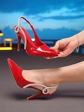 ieftine Pantofi slingback-Pantofi cu toc înalt, roșii, din piele lăcuită, cu slingback - pantofi eleganți stiletto cu vârful ascuțit și strasuri pentru cocktailuri &amp;evenimente formale
