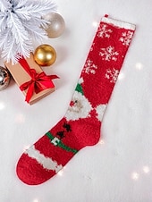 tanie Akcesoria świąteczne-Damskie, świąteczne, puszyste, sięgające do kolan skarpetki, ciepłe i przytulne, zimowe, domowe pończochy z odświętnym, czerwono-zielonym wzorem w gwiazdki, idealne na świąteczny relaks &amp;prezenty