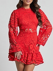 preiswerte schwarzes Minikleid-Damen Minikleid Spitzenkleid schwarzes kleid Cut-out-Kleider Etui-Kleid Mode Modern Mesh-Ärmel Laternenärmel Büro Ausgehen Normale Passform Blumen Langarm Stehkragen Blau Schwarz Weiß Rosa Frühling
