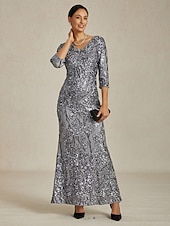 お買い得  スパンコールドレス-女性用 マキシドレス シースドレス エレガント フォーマル セミフォーマルドレス パーティー スパンコール レース 刺繍 レギュラー 純色 七分袖 Ｖネック グレー