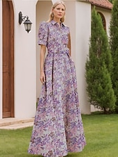 baratos Vestidos de Festa em A-Linha A Longo Vestidos de noite Vestido de Baile Vestido formal Elegante Vintage Manga Curta Colarinho de Camisa Casamento Formal Fibra Sintética com Estampa floral Fenda Bolsos