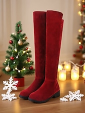 levne Módní boty-Dámské červené kozačky nad kolena – stylové vánoční dlouhé kozačky na zimní módu, večírky a sváteční nošení