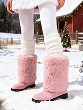 cheap Snow &amp; Winter Boots-Women's Burgundy Faux Fur Mid-Calf Winter Boots – Warm Santa-Style Snow Boots for Christmas, Holiday Outfits and Outdoor Wear