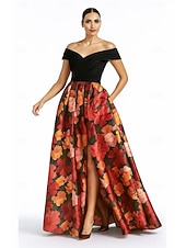 preiswerte Abendkleider-A-Linie Bodenlang Abendkleid Ballkleid Elegant Kurzarm Schulterfrei Formell Hochzeit Tasche Satin Nylon mit Tasche