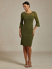  Dam Midiklänning Sheath Dress Elegant Normal Ensfärgat Halvlång ärm Rund hals Oliv