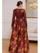 baratos Vestidos de Noite-Linha A Longo Vestidos de noite Vestido de Baile Elegante Manga Longa Gola Redonda Casamento Formal Bolsos Fibra Sintética Paetês com Estampa floral Lantejoulas Fenda