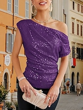 economico T-shirt semplice-Per donna Blusa Paillettes Tinta unica Elegante Casual Manica Corta Asimmetrico Top Regolari Quotidiano Nero Bianco Viola Oro Verde Estate Primavera